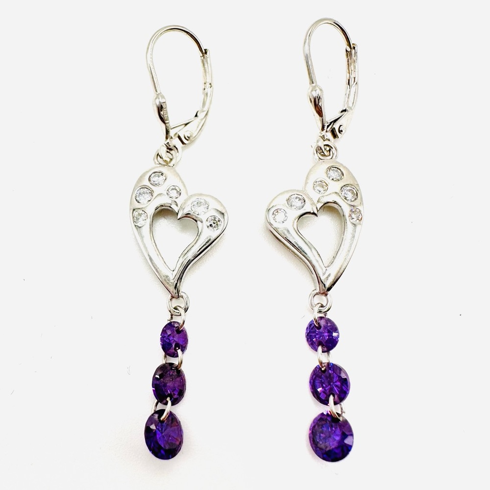 New STERLING SILVER 925 Heart CZ Purple Crystal Dangle Earrings Lever Back